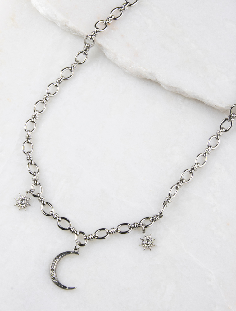 Lucinda Paperlink Waterproof Necklace with Moon & Star Charms - Silver/Stainless Steel - Image 3