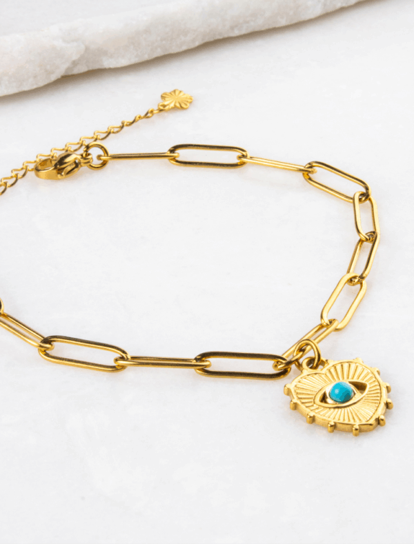 Orla Waterproof Paperlink Bracelet with Turquoise Eye Heart Charm - 18k Gold Plated/Stainless Steel - Image 4