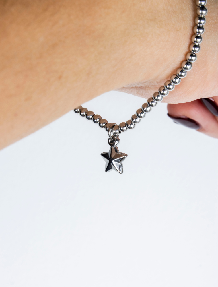 Sophie Waterproof Stretch Small Bead Bracelet With Star Charm - Silver/Stainless Steel - Image 3