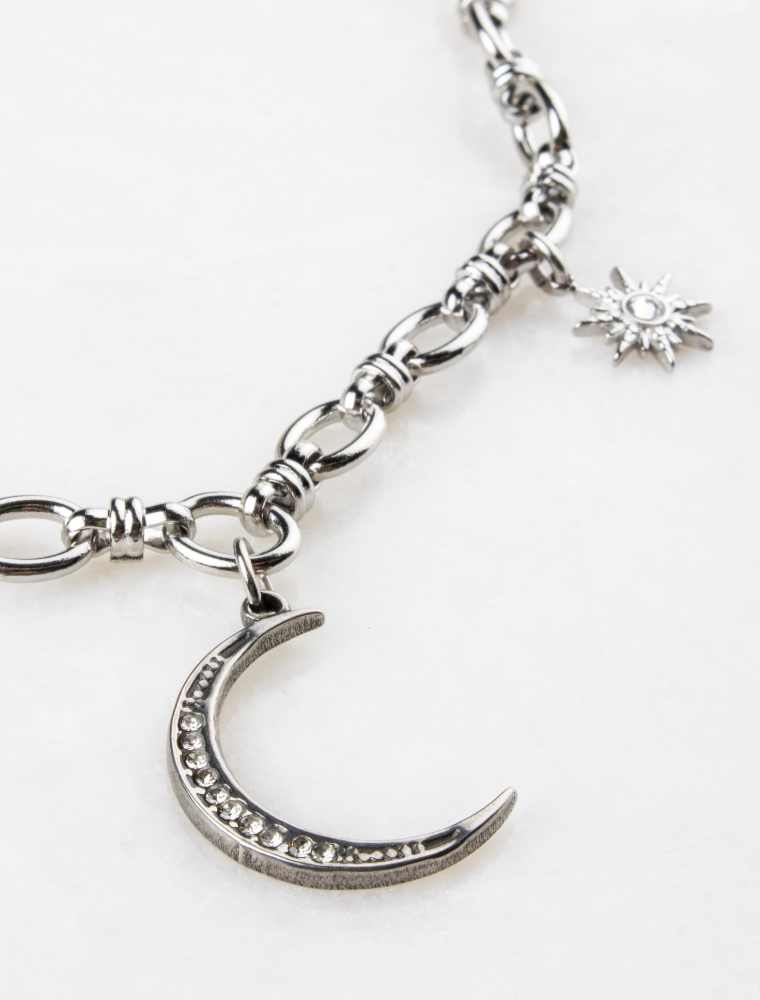 Lucinda Paperlink Waterproof Necklace with Moon & Star Charms - Silver/Stainless Steel - Image 4