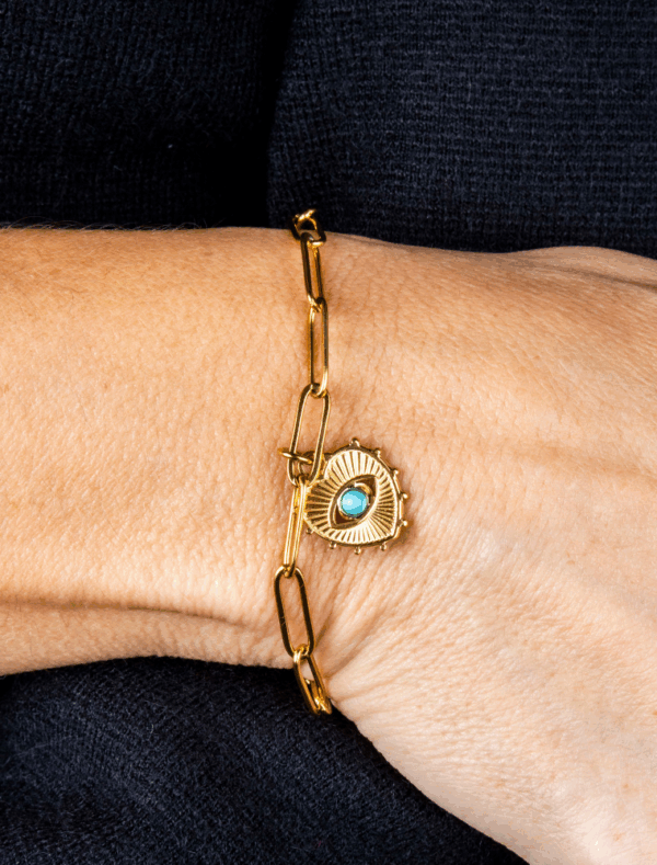 Orla Waterproof Paperlink Bracelet with Turquoise Eye Heart Charm - 18k Gold Plated/Stainless Steel - Image 2