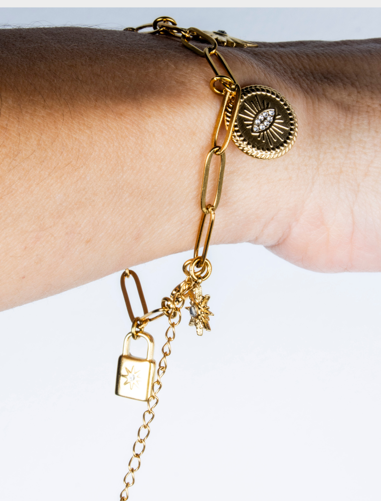 Gracie 5 Charm Waterproof Paperlink Bracelet - 18k Gold Plated Stainless Steel - Image 2