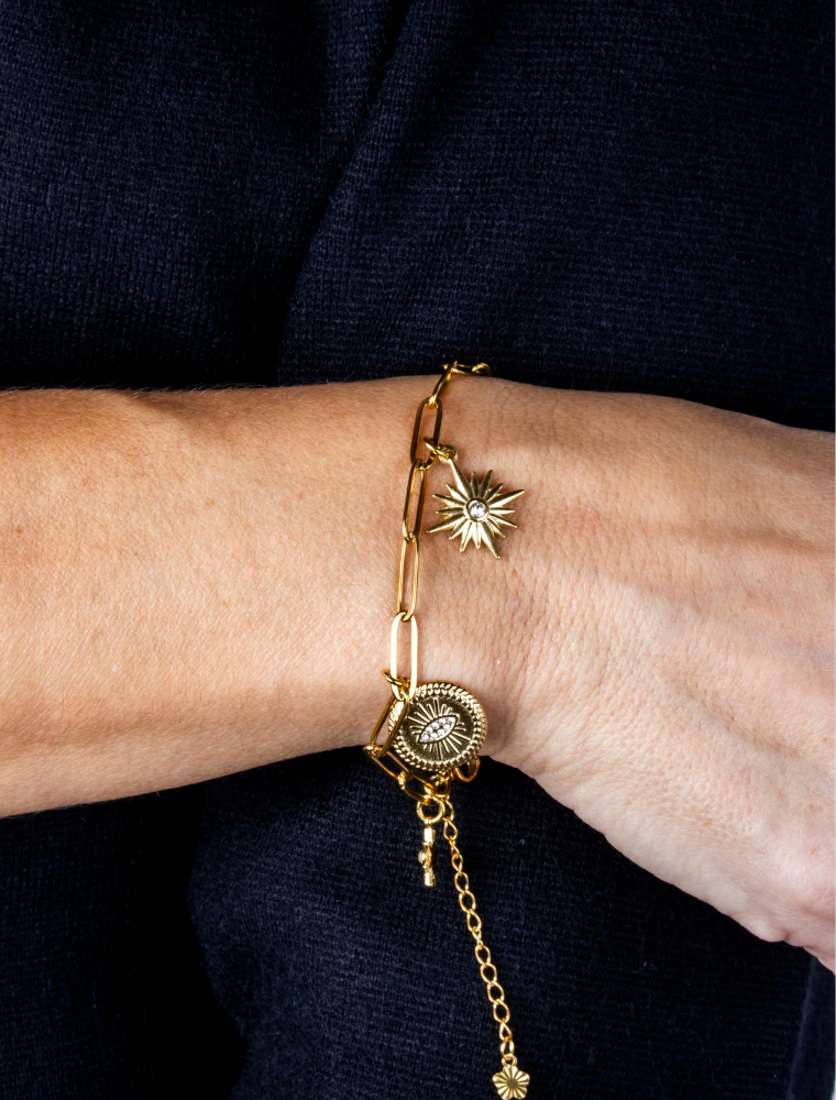 Gracie 5 Charm Waterproof Paperlink Bracelet - 18k Gold Plated Stainless Steel - Image 6