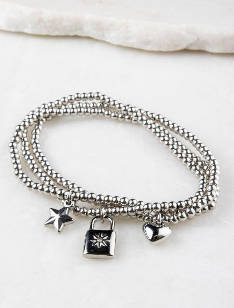 Heart, Star & Padlock Waterproof Charm Bracelet Stack - Silver/Stainless Steel - Image 2
