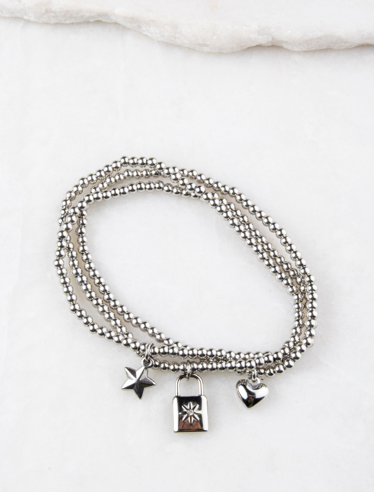 Heart, Star & Padlock Waterproof Charm Bracelet Stack - Silver/Stainless Steel - Image 8