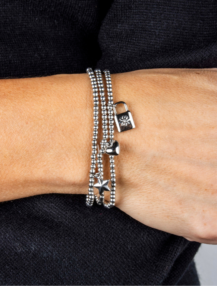 Heart, Star & Padlock Waterproof Charm Bracelet Stack - Silver/Stainless Steel - Image 4