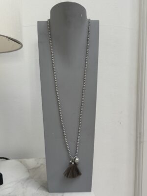 Sample Sale 27- Taupe beaded long necklace with fabric tassel.
