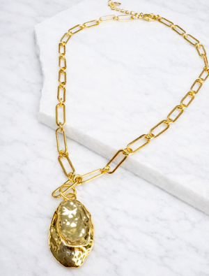 Eden Paperlink necklace with hammered charm-Gold Plated