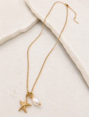 Emma waterproof necklace with starfish and pearl charms-18k gold plated stainless steel.