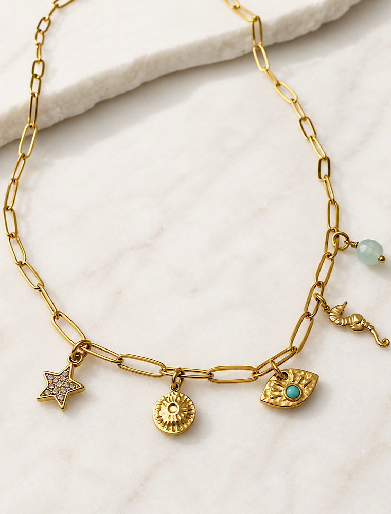 Lucy waterproof charms necklace-18k Gold Plated Stainless steel.