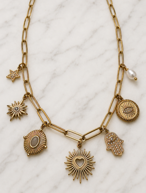 ‘Abi Loves Style’ Seven charm waterproof necklace-18k Gold Plated Stainless Steel.