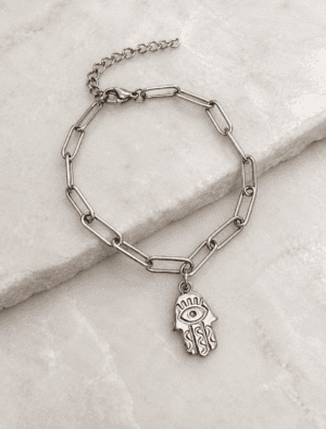 Sample Sale No25. Waterproof silver bracelet with hamsa charm.
