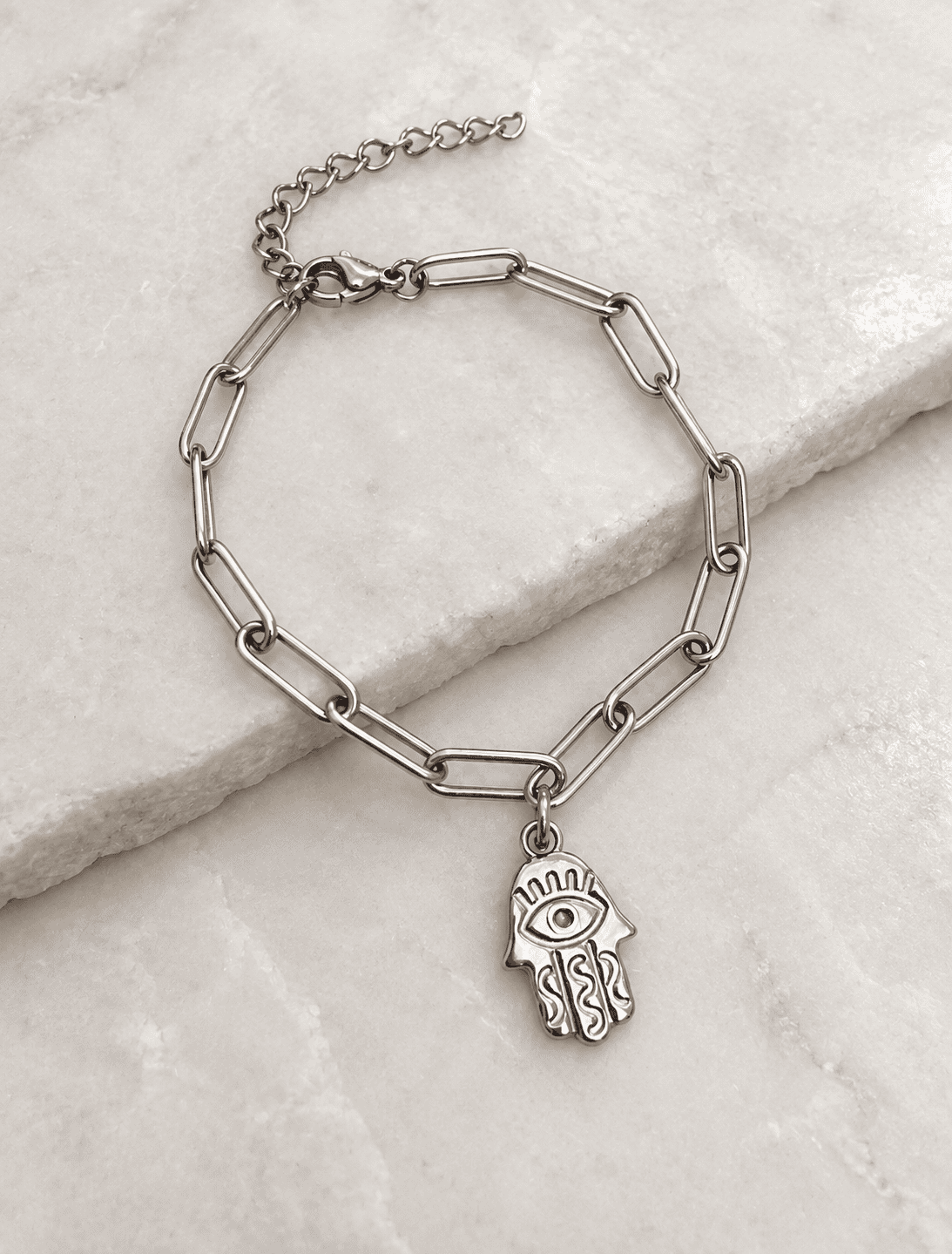Sample Sale No25. Waterproof silver bracelet with hamsa charm.